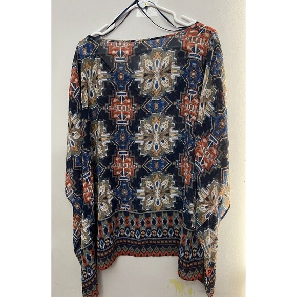 Ariat Blouse Top Womens XL Blue Geometric Aztec Sheer Poncho Cover Up chiffon - Picture 2 of 5